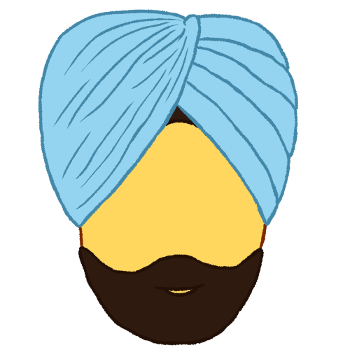  a person with a black beard wearing a light blue turban.